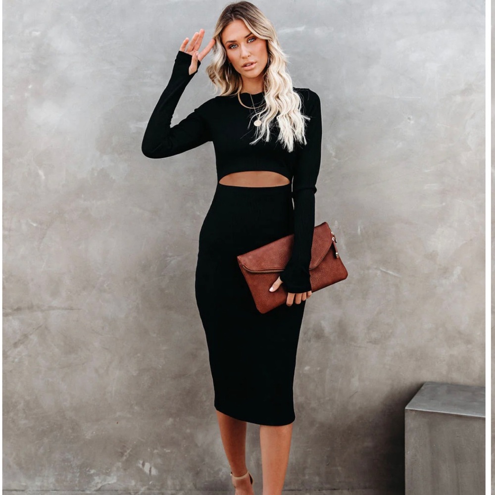 Vici long sleeve black midi dress with cutout
